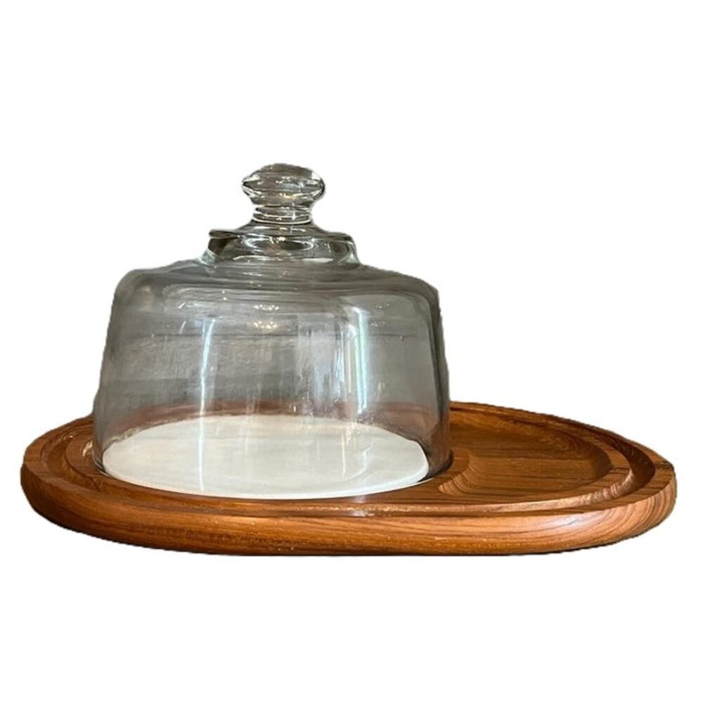 Vintage Dolphin Wooden Cheese Board Round Marble Glass Dome Teakwood Tray